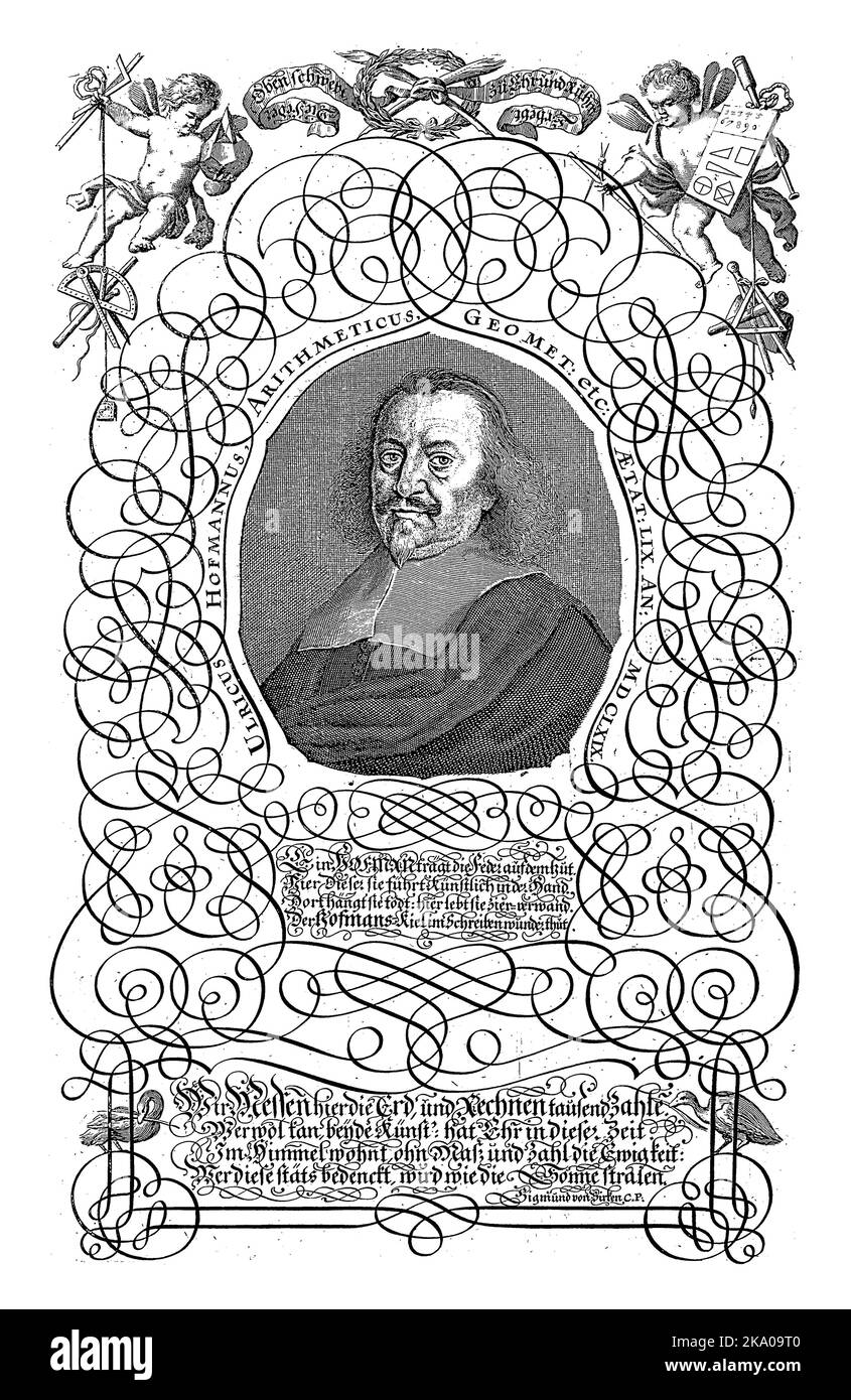 Porträt von Ulrich Hofmann mit Kalligraphie, Andreas Kohl, 1634 - 1657, Jahrgang graviert. Stockfoto
