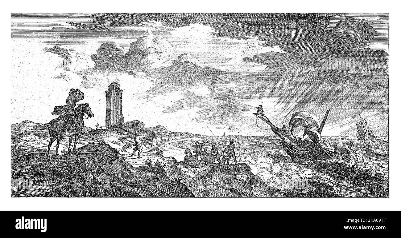 Im Vordergrund sieht ein Postbote auf dem Pferderücken einen Sturm auf dem Meer. Ein Schiff sinkt in den tobenden Wellen. Stockfoto