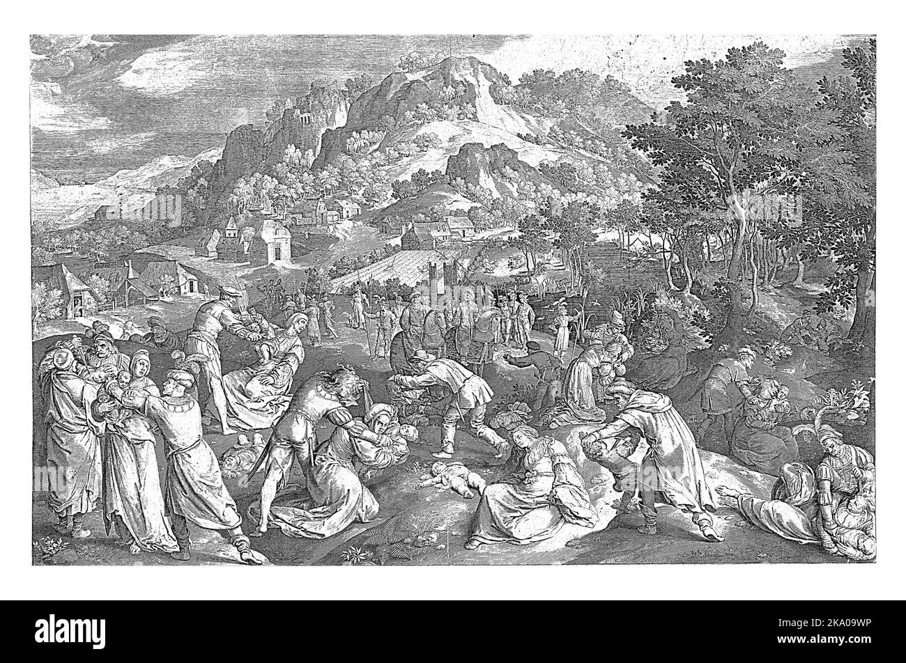 Kindstötung von Bethlehem, Nicolaes de Bruyn, 1639 - 1706 die Soldaten des Herodes ermorden alle Jungen im Alter von zwei und jünger in Bethlehem. Die Mütter versuchen zu schützen Stockfoto