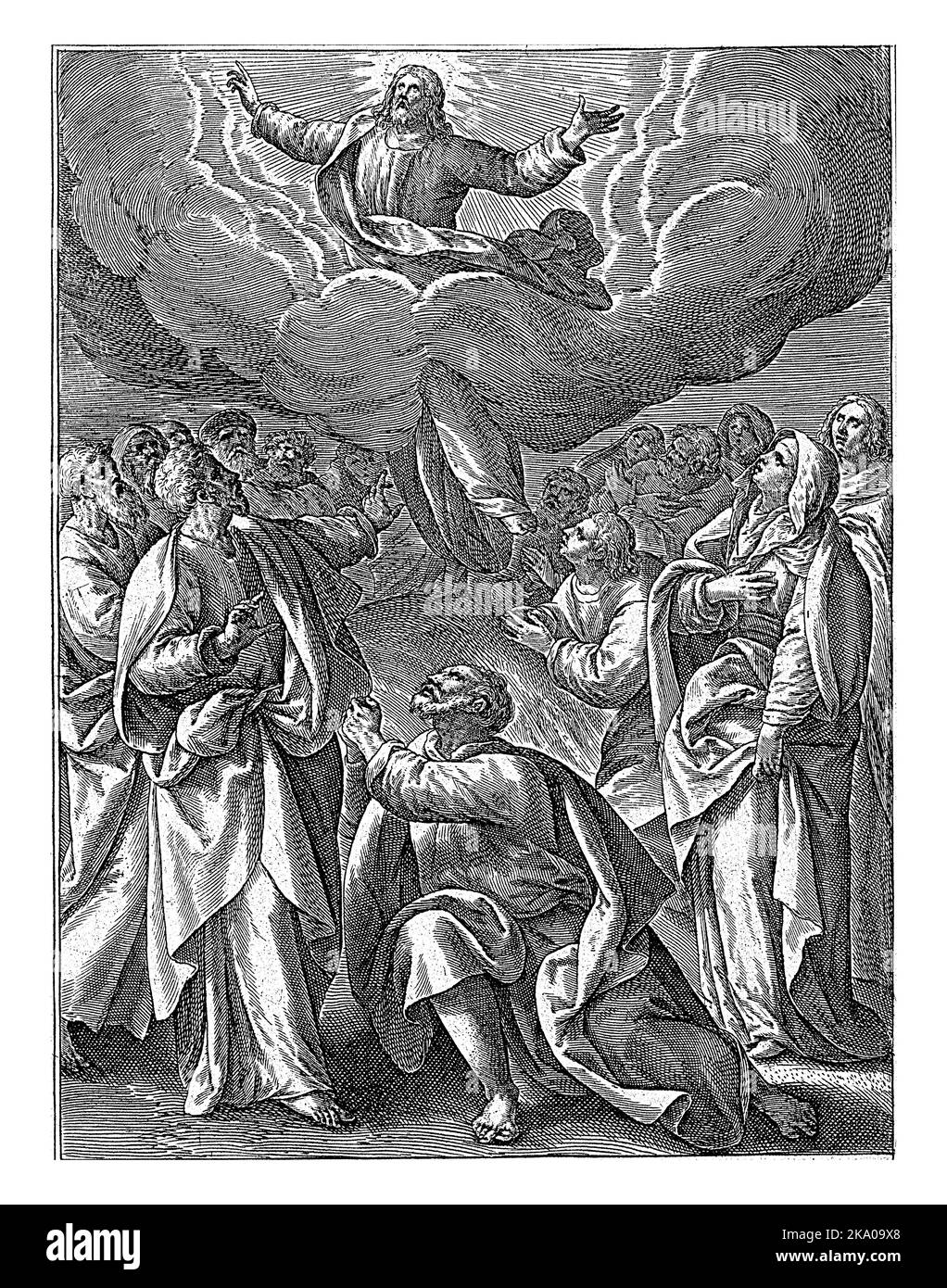 Himmelfahrt Christi, Hieronymus Wierix, nach Maerten de Vos, 1563 - vor 1586 wird Christus durch eine Wolke in den Himmel getragen. Die Leute schauen erstaunt auf Stockfoto