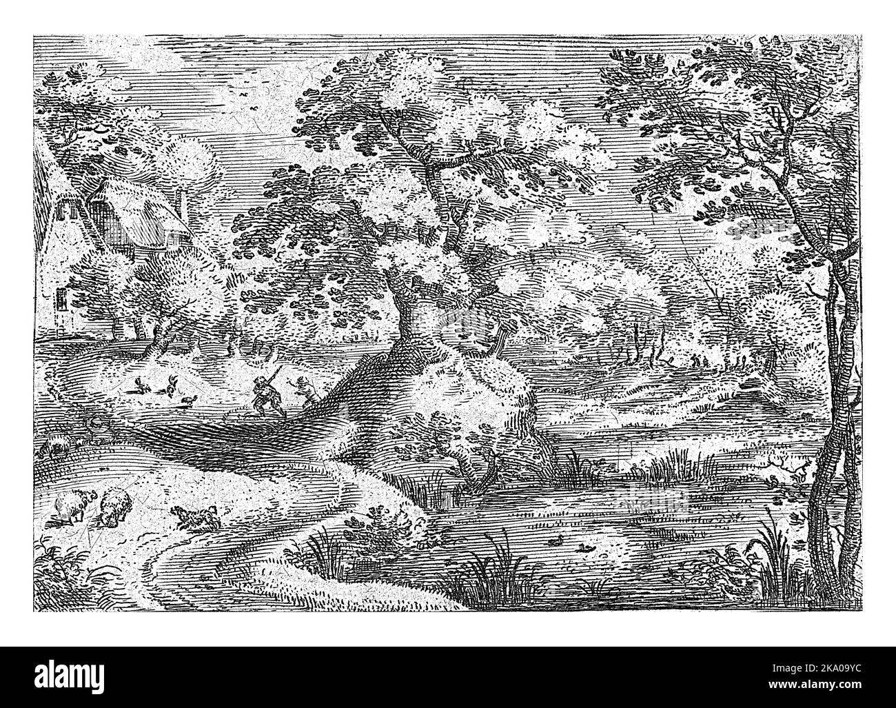 In einer bewaldeten Landschaft spazieren zwei Reisende mit einem Hund entlang eines Sumpfes zu zwei Häusern. Dieser Druck ist Teil einer Serie von sechs Landschaften mit Reisenden. Stockfoto