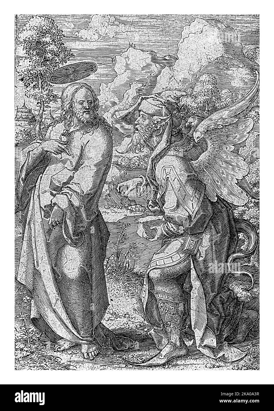 Landschaft mit Christus und dem Teufel mit Flügeln und Schwanz. Der Teufel hält Stein. Im Hintergrund fällt jemand von einem Berg. Stockfoto