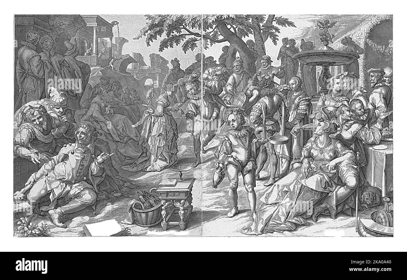 Darstellung auf zwei Blättern eines Unternehmens, das sich an einem Brunnen im Freien mit Essen, Trinken, Musik und Balz erfreut. Im Hintergrund ein Mann Stockfoto