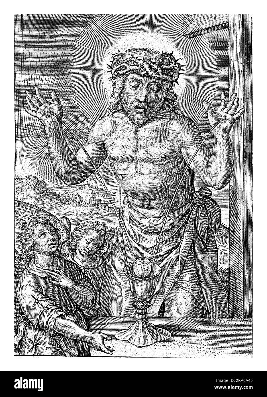 Das Blut Christi fließt aus seinen Wunden, Hieronymus Wierix, 1563-1619 Christus steht mit erhobenen Händen neben dem Kreuz. Zwei Engel sammeln das Blut Th Stockfoto