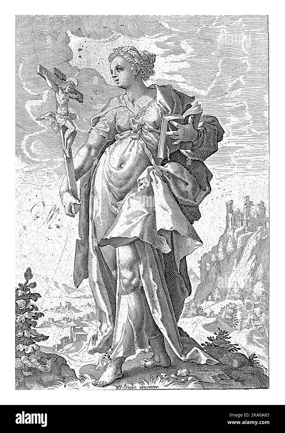 Der Glaube personifiziert; eine weibliche Figur mit einem Kruzifix und einer bibel. Stockfoto