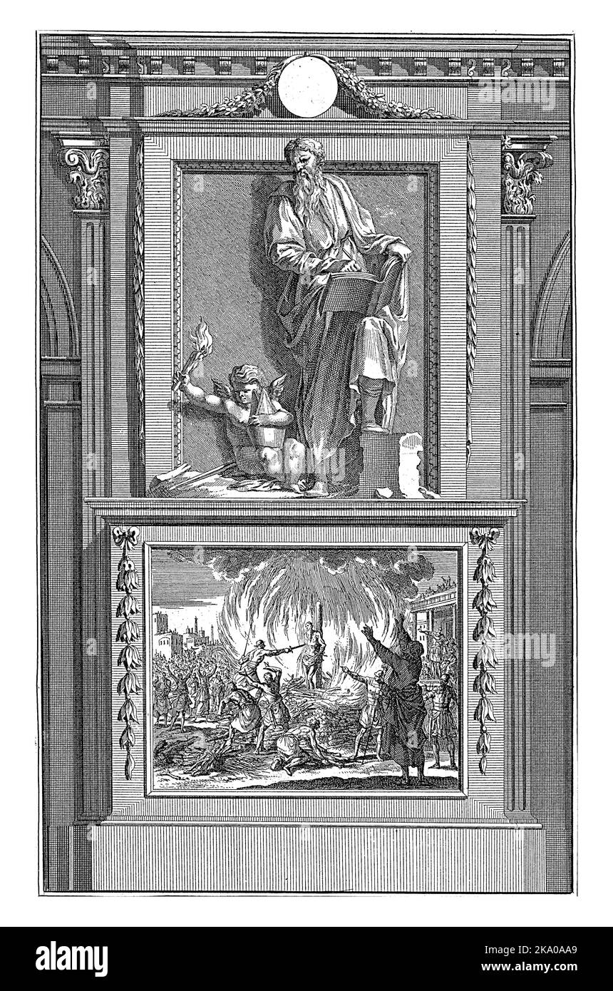 H. Polykarp von Smyrna, Apostolischer Vater, Jan Luyken, nach Jan Goeree, 1698 der Heilige Apostolische Vater Polykarp von Smyrna schreibt in einem Buch und schaut sich an Stockfoto