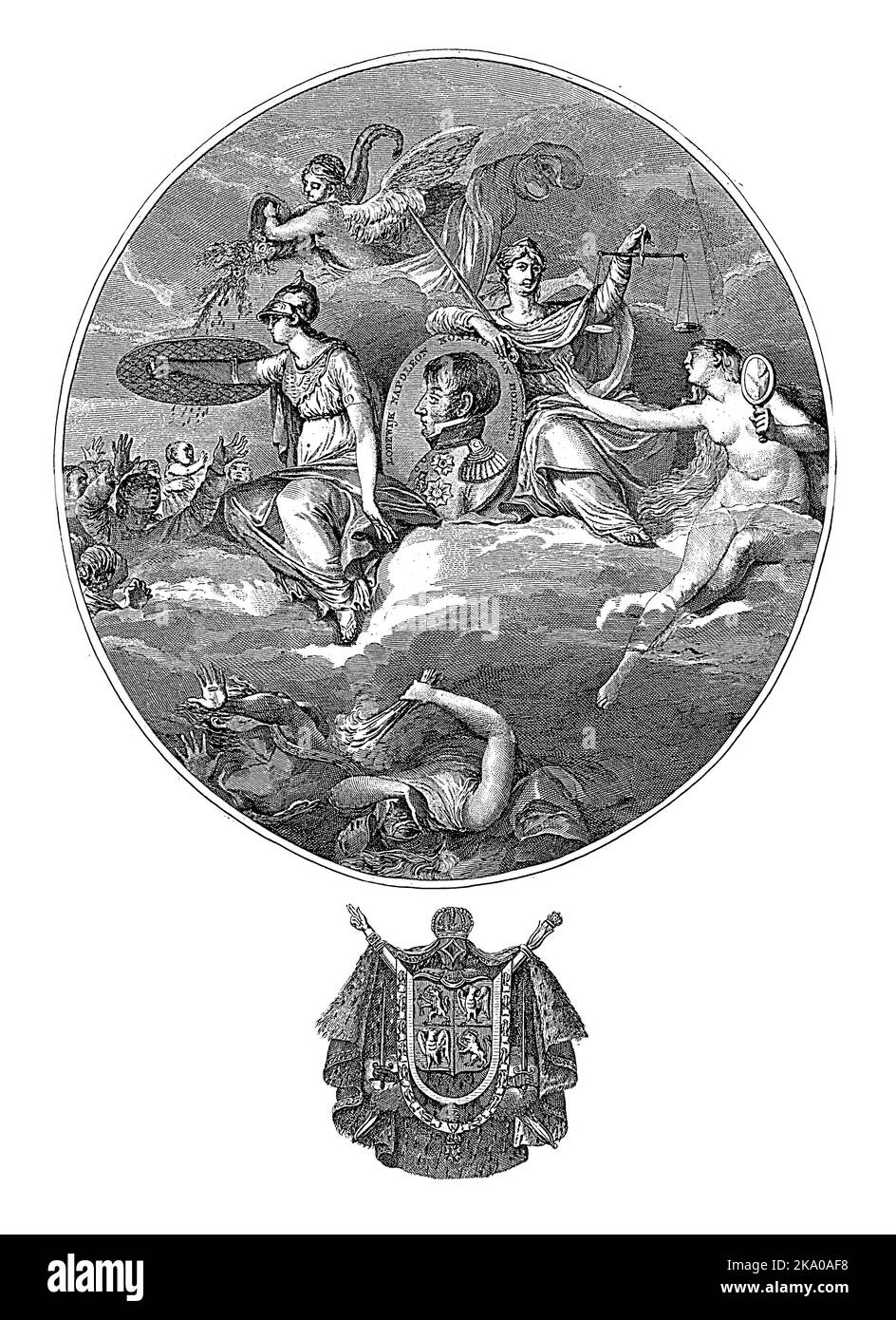 Allegorie mit der Verherrlichung von Louis Napoleon, König von Holland, Pierre Etienne Lambert Jonxis, 1806 allegorische Darstellung mit Büste portrai Stockfoto