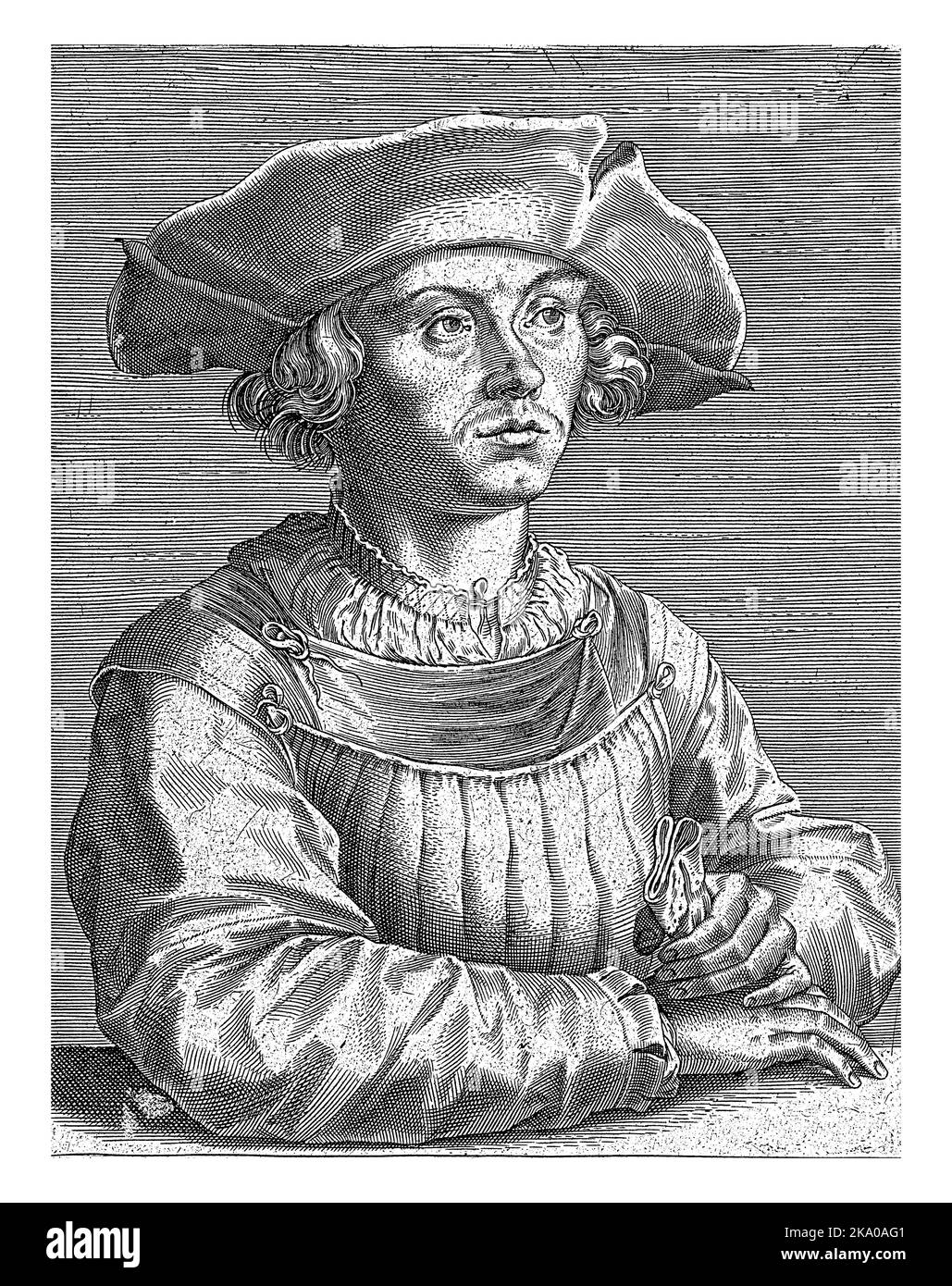 Porträt des Malers Bernard van Orley, Wierix (abgelehnte Zuschreibung), nach Albrecht Durer, 1572 - vor 1601 im Rand eine achtzeilige Beschriftung Stockfoto Porträt des Malers Bernard van Orley, Wierix (abgelehnte Zuschreibung), nach Albrecht Durer, 1572 - vor 1601 im Rand eine achtzeilige Beschriftung Stockfoto