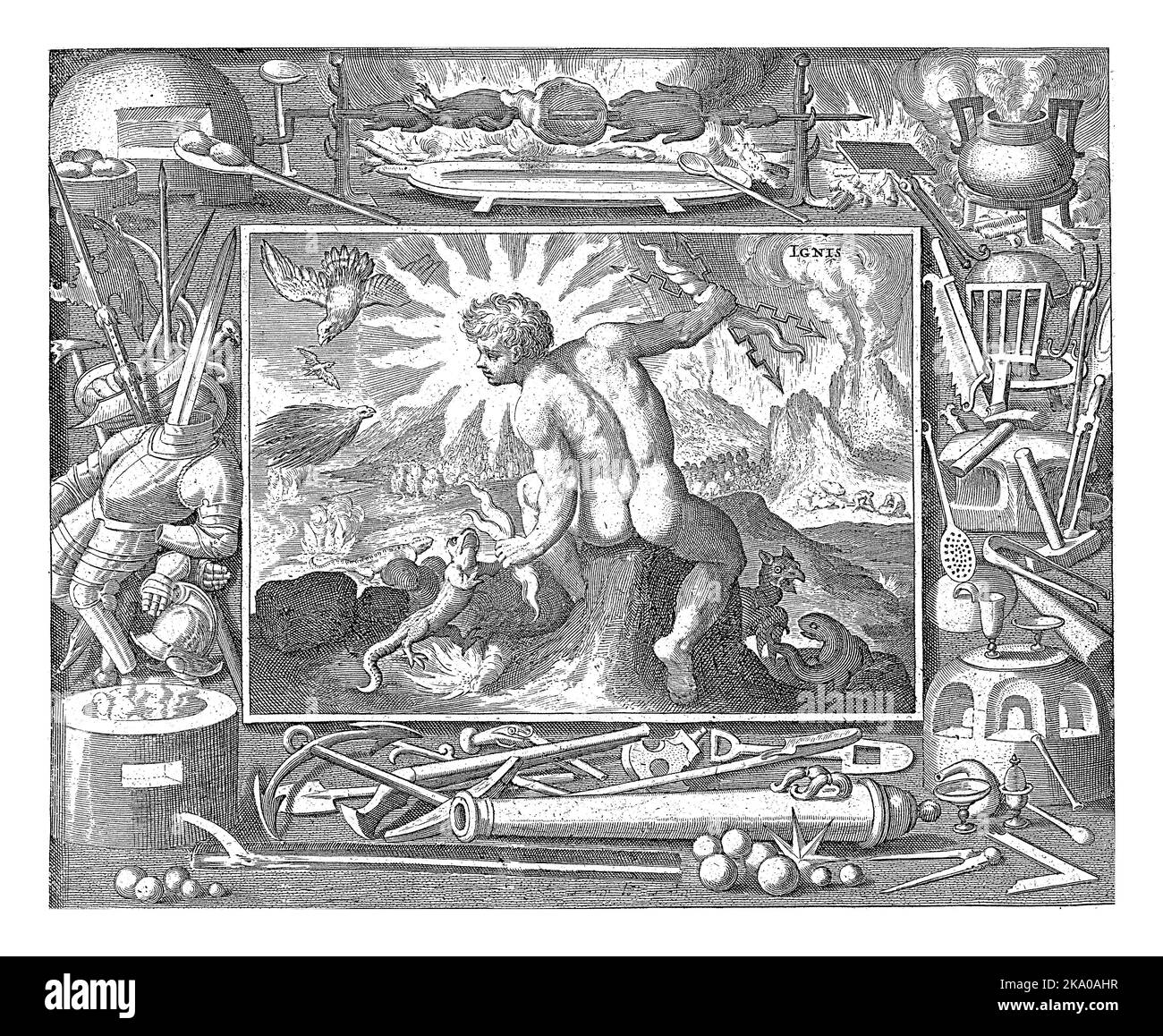 Feuerelement als junger Mann mit Blitzen, Nicolaes de Bruyn, nach Maerten de Vos, 1581 - 1656 Feuerelement als junger Mann sitzend gesehen Stockfoto