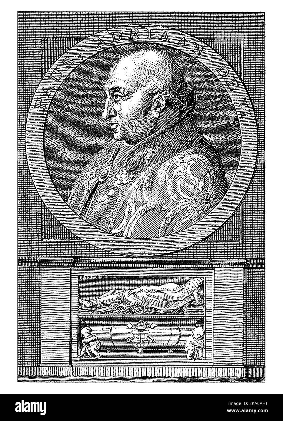 Porträt von Papst Adrian VI. In einem kreisförmigen Rahmen mit Randprägung. In einem Rahmen eine Darstellung seines Grabes. Stockfoto