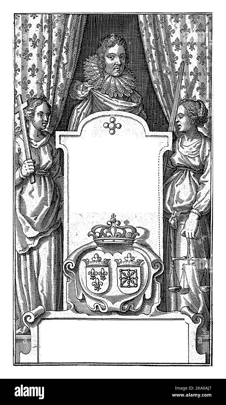 Faith and Justice flankieren einen Sockel, auf dem der Titel des Buches abgebildet ist. Oben, zwischen zwei Draperien, die Büste des französischen Königs Ludwig XIII Stockfoto