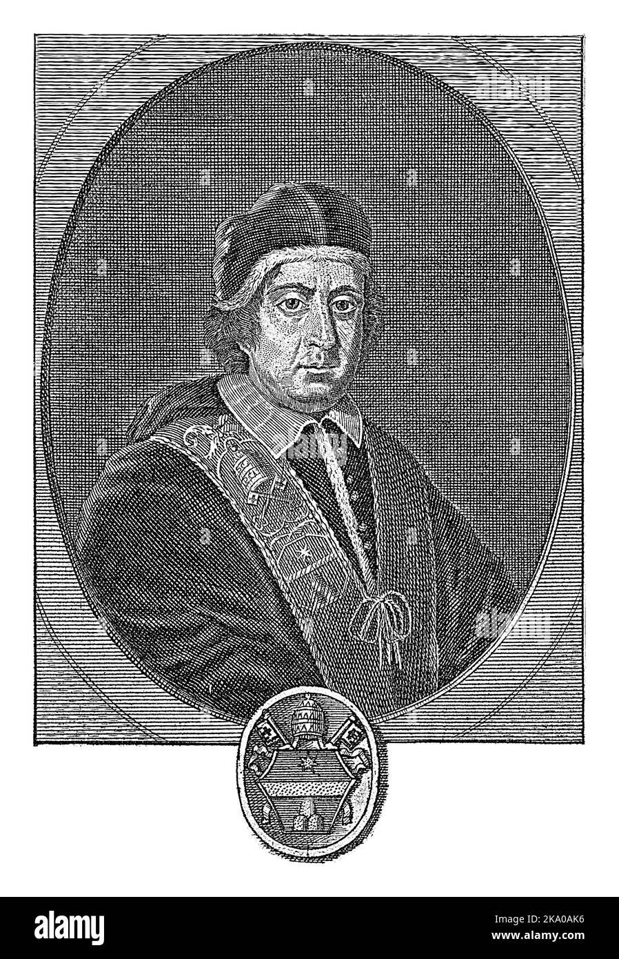 Papst Clemens XI., bekleidet in päpstlichen Gewändern, mit einem Kamauro auf dem Kopf. Büste rechts im Oval mit Randschrift. Unter seinem päpstlichen Wappen A Stockfoto