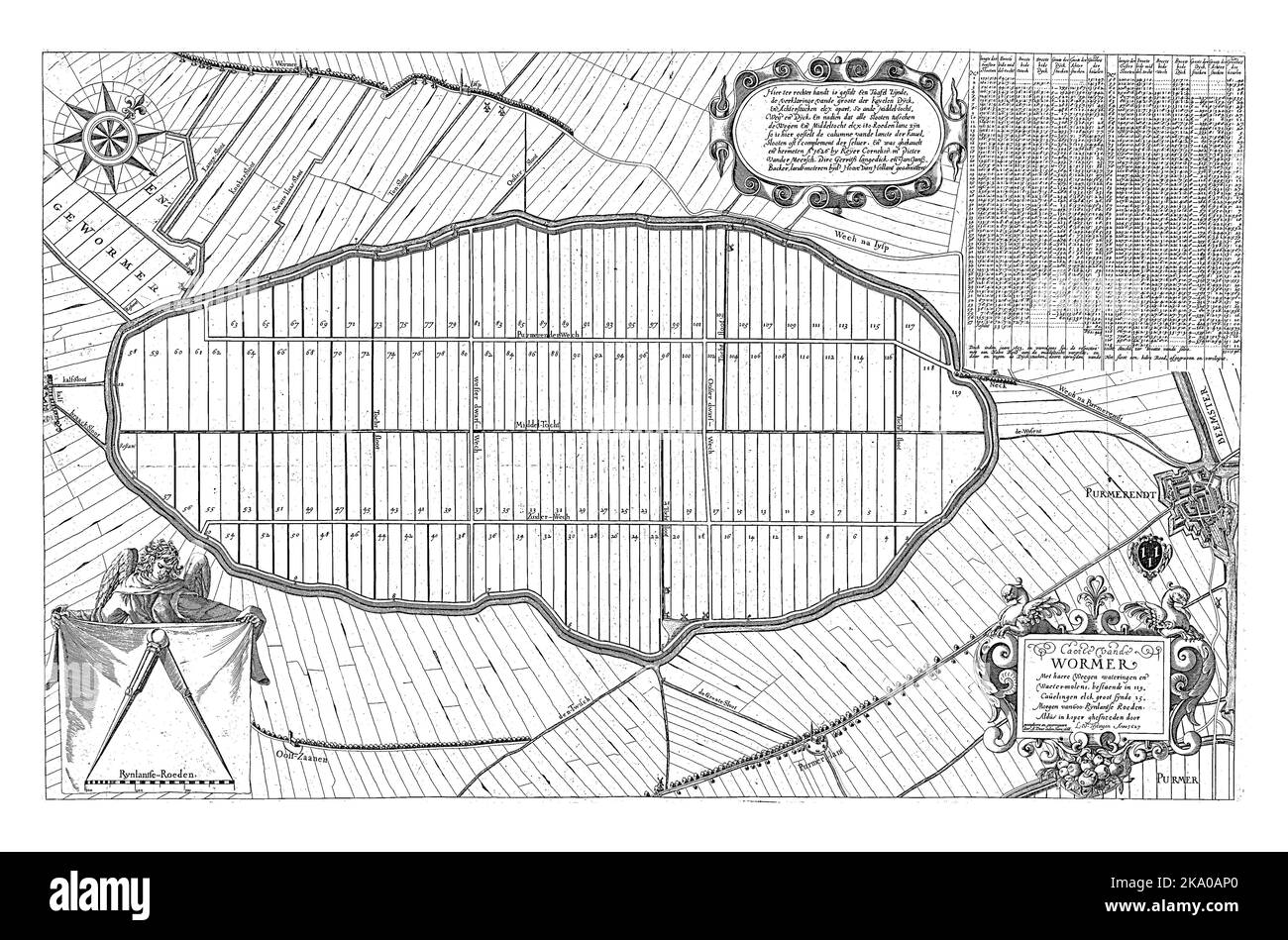 Karte des Polders de Wormer, oder Wijdewormer, mit Parzellenaufteilung. Oben links eine Kompassrose. Unten links ein Engel, der eine Leinwand mit einem offenen Kompass zeigt Stockfoto