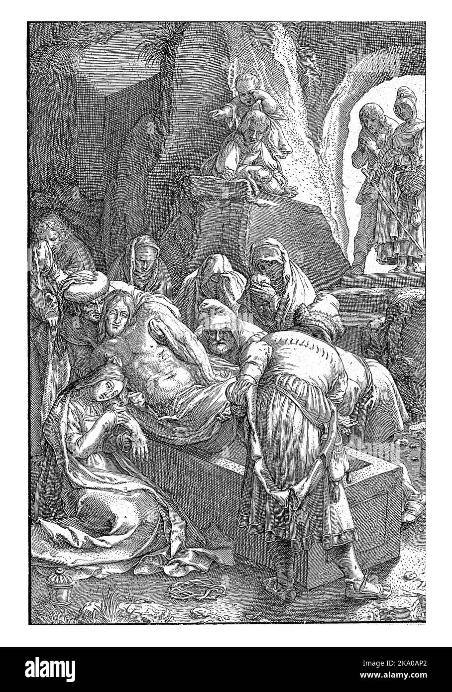 Christus wird von einer Reihe von Männern in ein Grab in einer Höhle gelegt. Die Marien und der Apostel Johannes stehen weinend da. Stockfoto