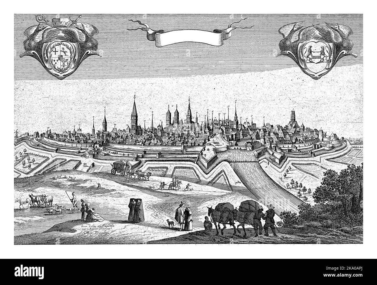 Blick auf die ummauerte Stadt Münster. Die Klöster und Kirchen sind nummeriert. Im Vordergrund in der Landschaft eine Pferdekutsche. Stockfoto