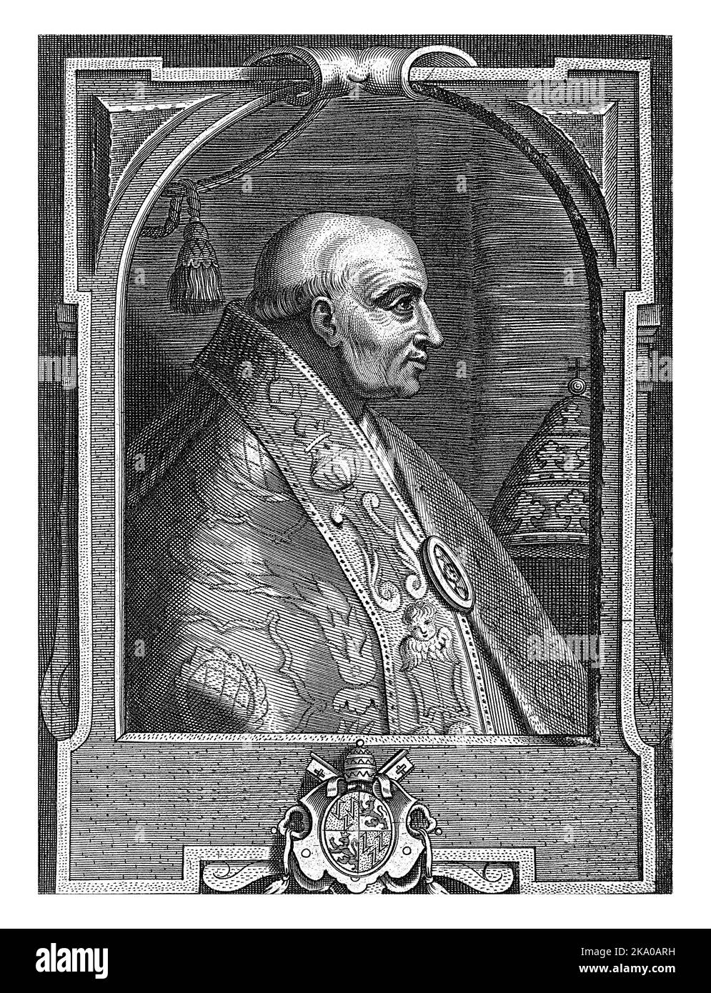 Büste Porträt von Papst Adrian VI. Im Hintergrund die päpstliche Tiara. Das Porträt ist in einem bogenförmigen Rahmen mit dem Wappen der Person eingerahmt Stockfoto