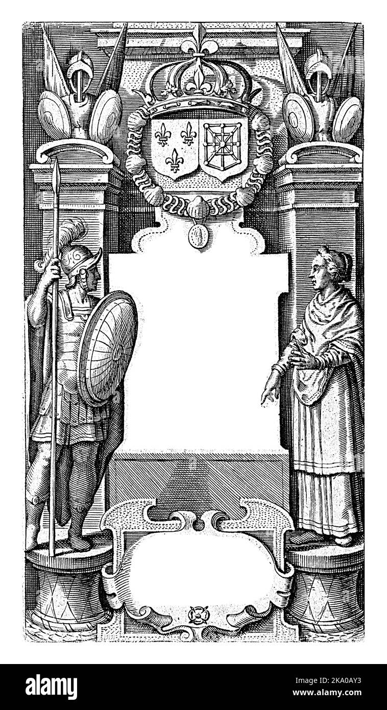 Eine Frau steht auf einem Sockel rechts. Sie sieht einen Soldaten in römischer Rüstung auf einem Sockel links an. Zwischen ihnen in einem Denkmal mit dem A Stockfoto