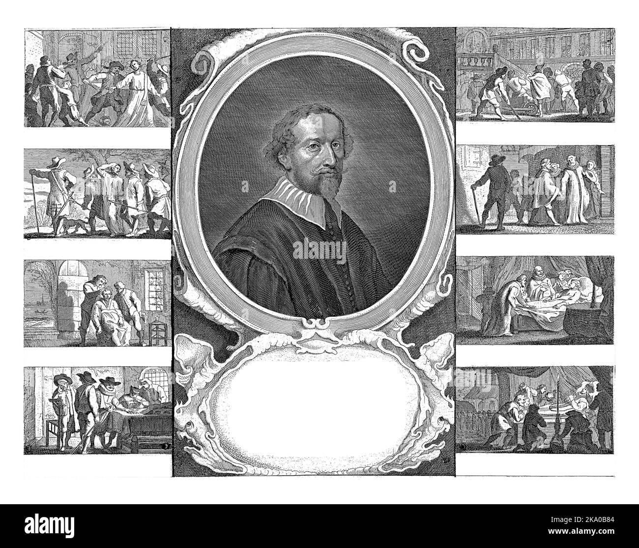 Ovales Porträt des Priesters Martinus van Velden, Büste rechts. Unter dem Porträt eine Kartusche mit einem Vers von 8 Zeilen auf Niederländisch. Stockfoto