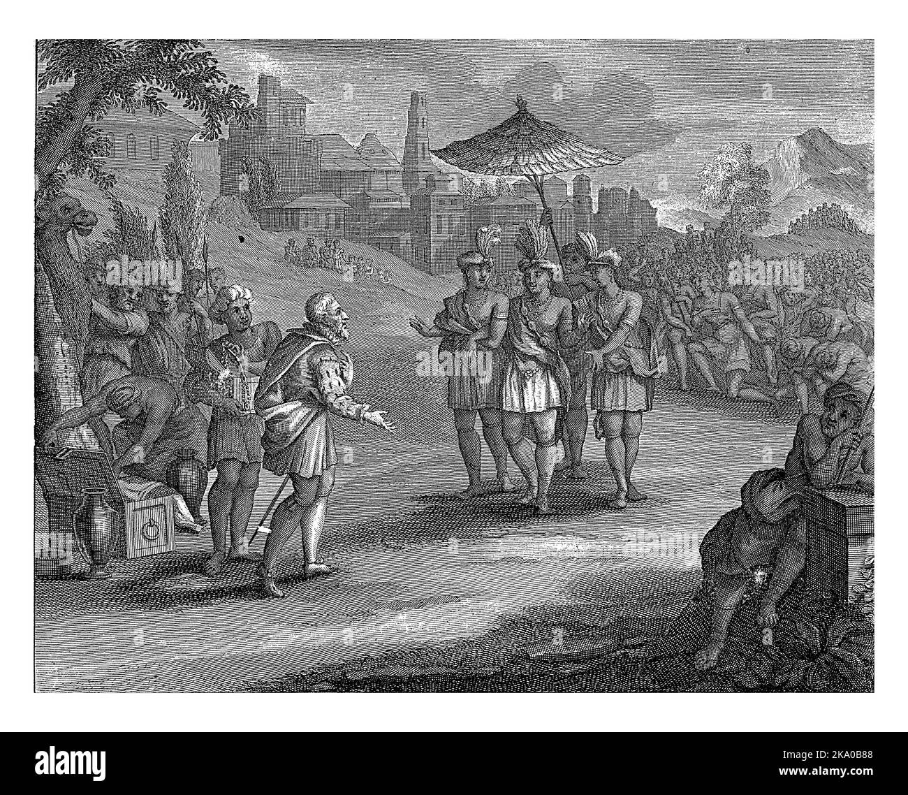 Cortes begrüßt Montezuma außerhalb der Stadt Tenochtitlan. Er bietet ihm Geschenke an. Hinter Montezuma knien Azteken vor ihrem König. Stockfoto