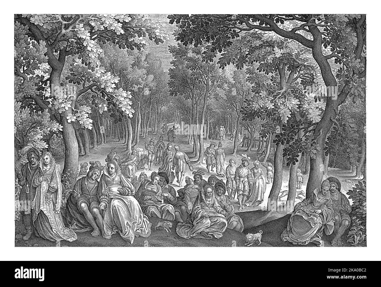 Garden of Love, Nicolaes de Bruyn, 1661 Eine Gruppe liebevoller Paare auf einer Lichtung in einem Wald. Sie gehen umher, tanzen, spielen Musik oder machen Stockfoto