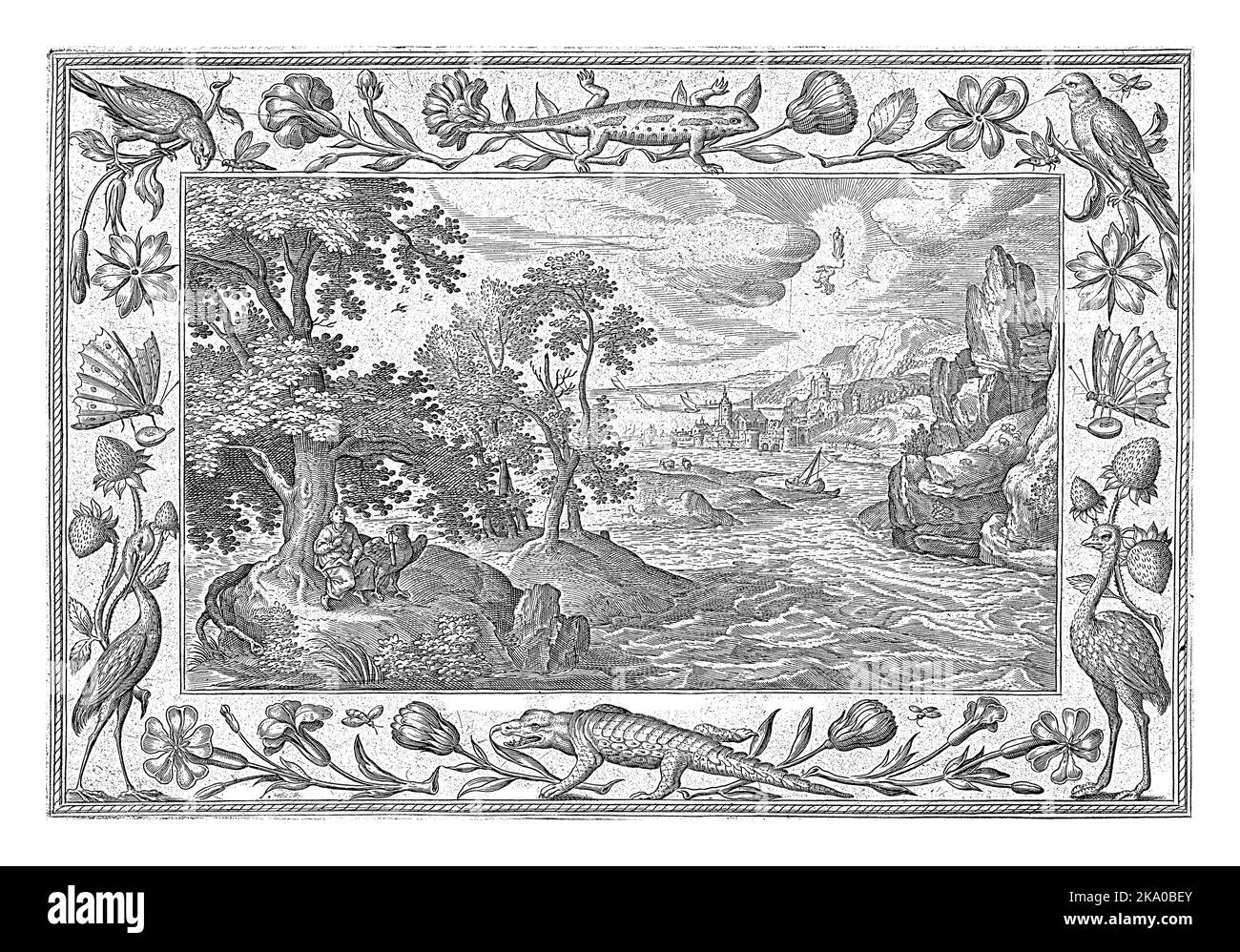 Seascape mit der Insel Patmos im Vordergrund. Auf der Insel sind der Apostel und Evangelist Johannes, zusammen mit dem Adler, evangelisches Symbol. Stockfoto