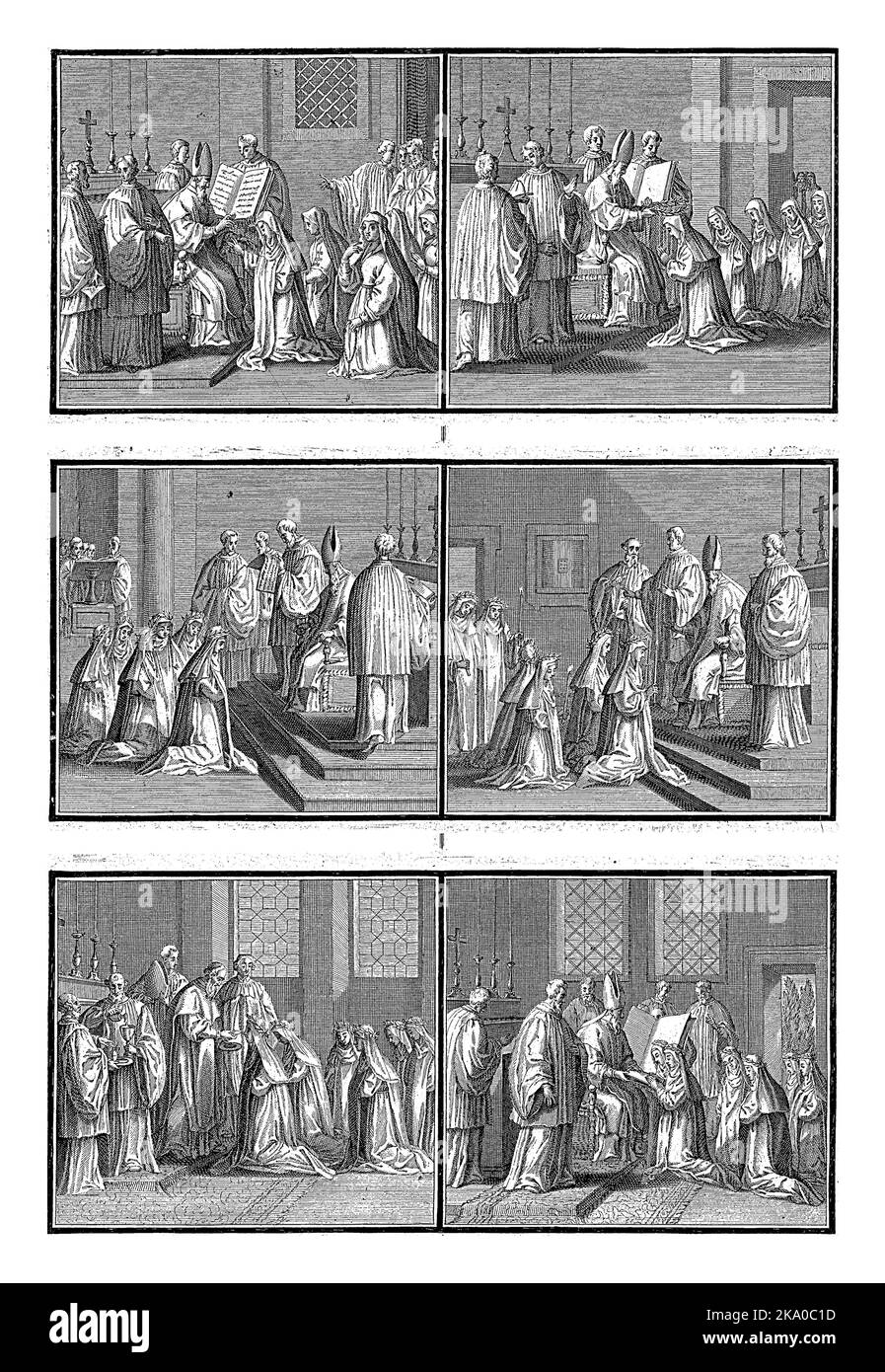 Konsekration der Nonnen, Bernard Picart (Werkstatt), 1722 Blatt mit sechs Darstellungen der Konsekration der Nonnen. Oben links: Der Bischof gibt Ringe Stockfoto