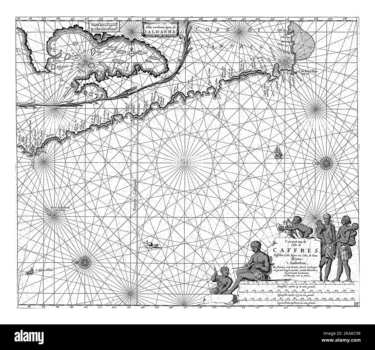 Passkarte der Küste Namibias und Südafrikas, mit einer eingesetzten Karte der Saldanha Bay, mit zwei Kompassrosen, Norden ist auf der linken Seite. Stockfoto