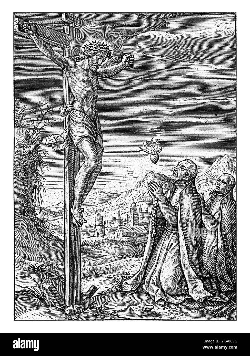 Gekreuzigter Christus verehrt von Franciscus Xavier und Stanislaus Kostka, Hieronymus Wierix, 1563 - vor 1619 hängt Christus am Kreuz. Stockfoto