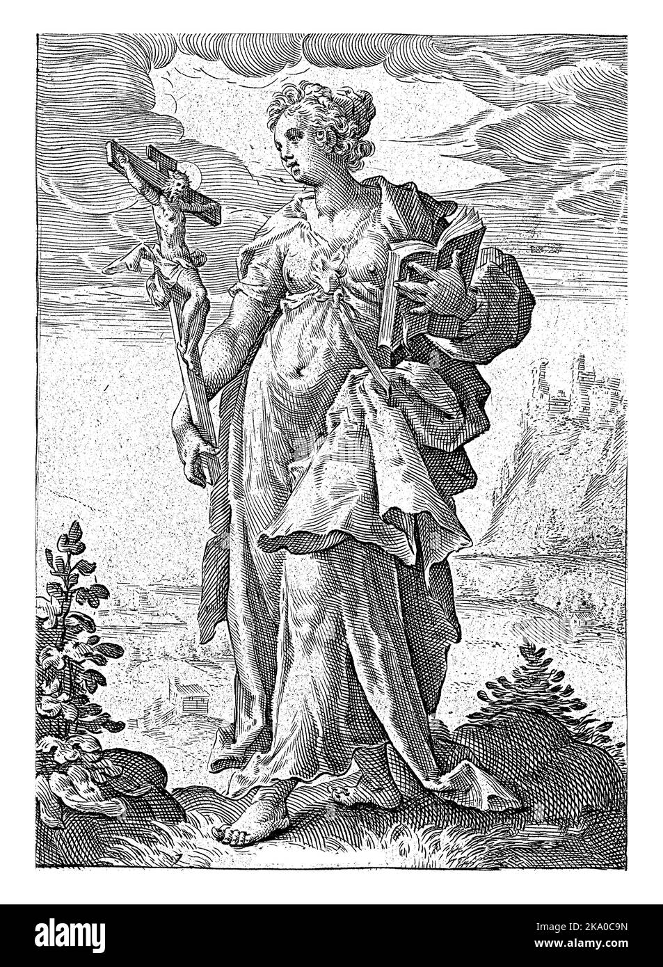 Der Glaube personifiziert; eine weibliche Figur mit einem Kruzifix und einer bibel. Stockfoto