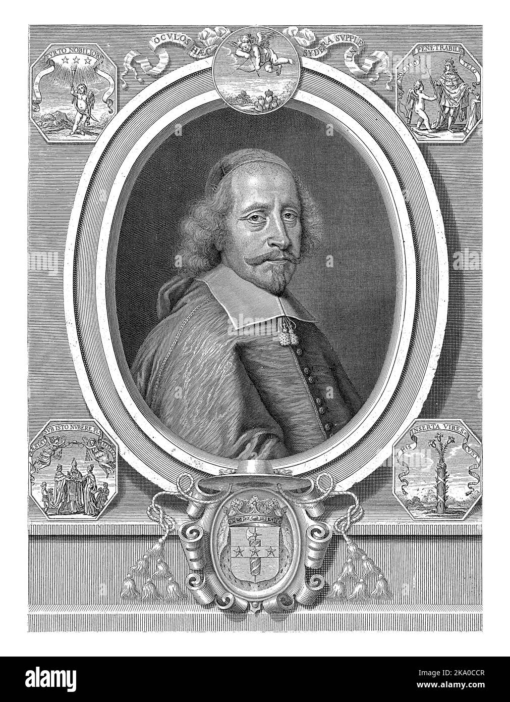 Porträt von Kardinal Jules Mazarin. Unter dem Porträt sind Wappen mit einem Bischofshut mit zwölf Quasten überzogen. Über dem Porträt und in Th Stockfoto