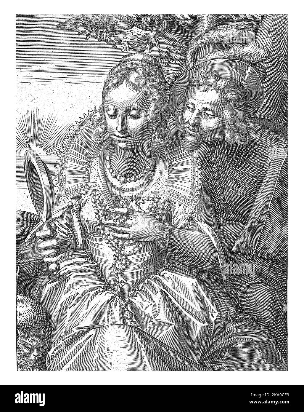 Eine gut gekleidete Frau schaut ihren Schmuck in einem Handspiegel an. Ein Gentleman schaut über ihre Schulter. Im Hintergrund sieht man die Sonne aufgehen Stockfoto