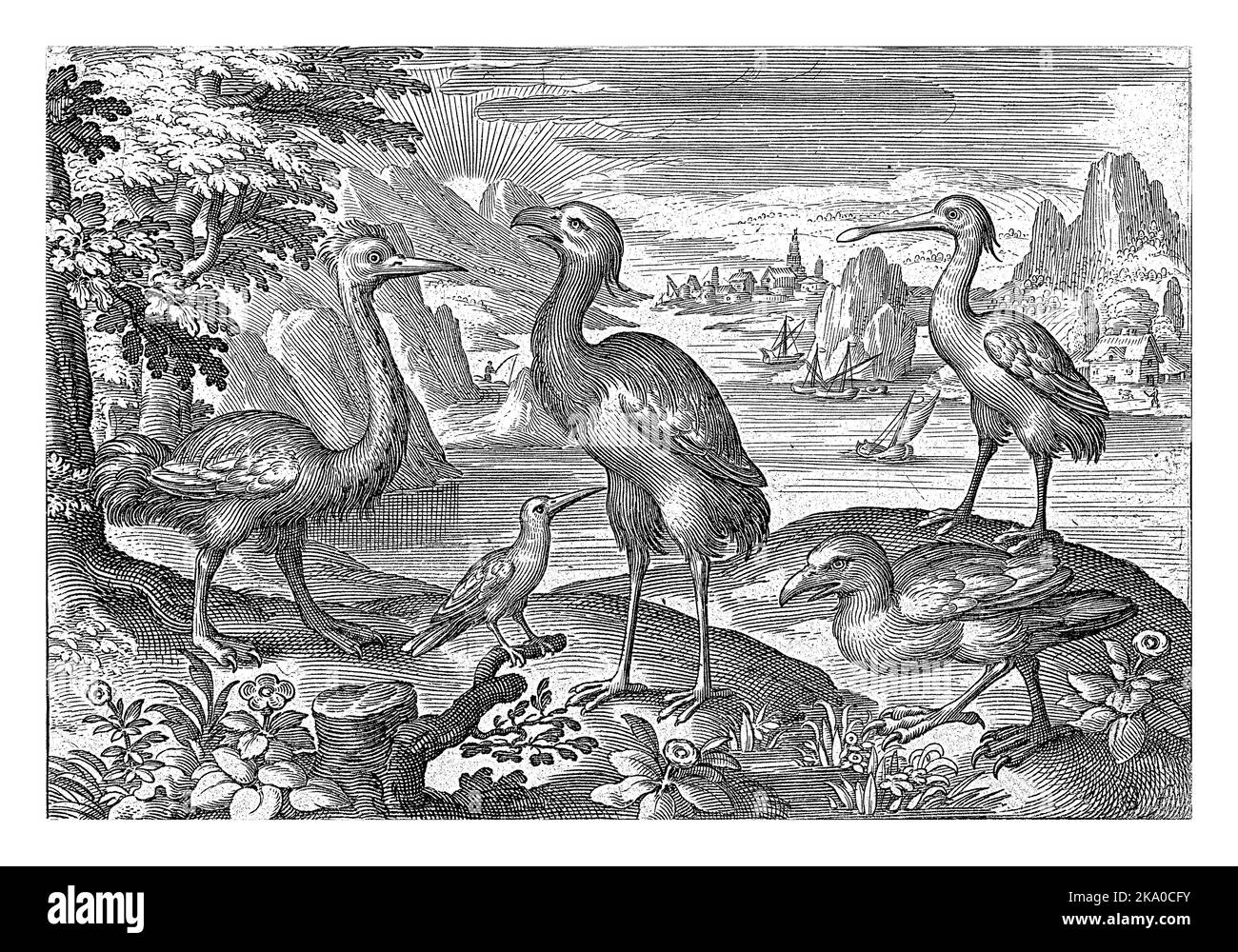 Gekrönter Kranich zwischen zwei Straußen, Nicolaes de Bruyn, 1594, Jahrgang graviert. Stockfoto