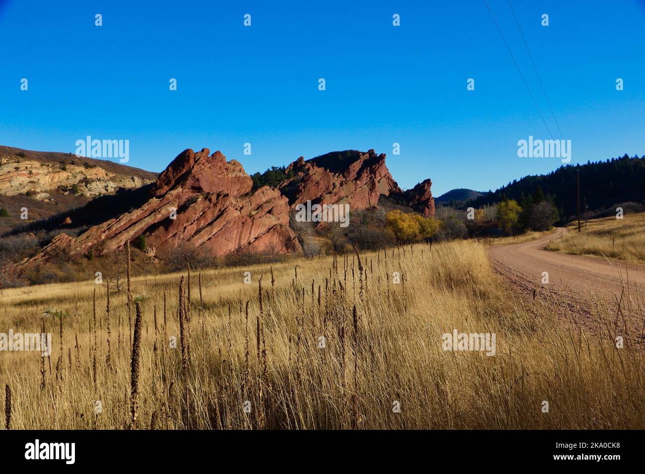 Rote Felsformationen entlang eines Wanderweges an einem sonnigen, warmen Herbsttag ohne Wolken im Roxborough State Park, Littleton, CO, USA Stockfoto