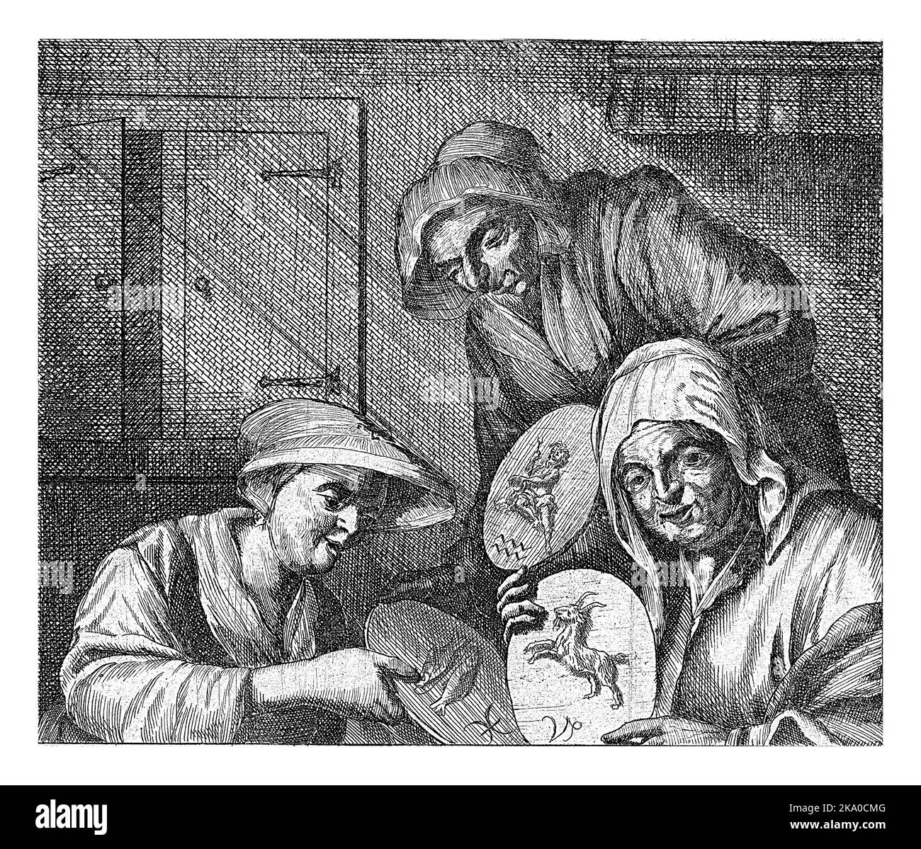 Interieur mit drei Bauernfrauen, die jeweils eine runde Platte mit einem Sternzeichen der Wintersaison halten: Widder, Wassermann, Fische. Stockfoto