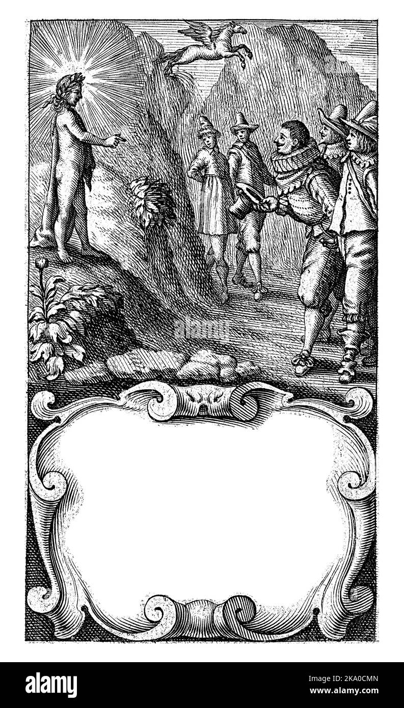 Drei Männer kommen zum sonnengott Apollo, der auf einem Hügel steht. Der Mittelmann verneigt sich vor dem gott. In der Luft ein geflügeltes Pferd. Stockfoto