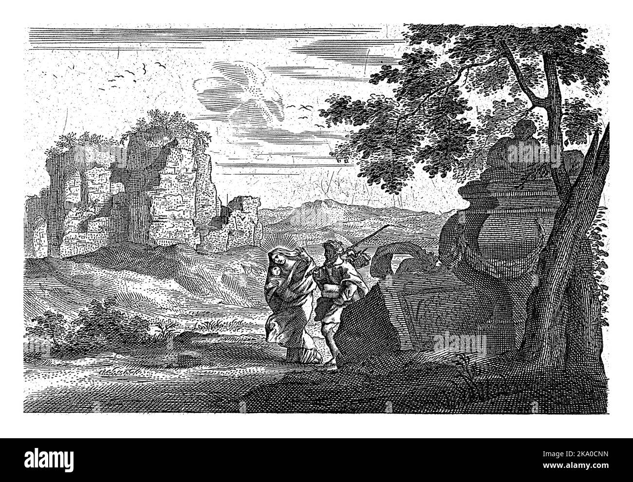 Heilige Familie zu Fuß auf der Flucht nach Ägypten, Cornelis Galle (II), 1638 - 1678 Maria und Josef und das Christkind gehen durch eine Landschaft mit römischer Ruine Stockfoto