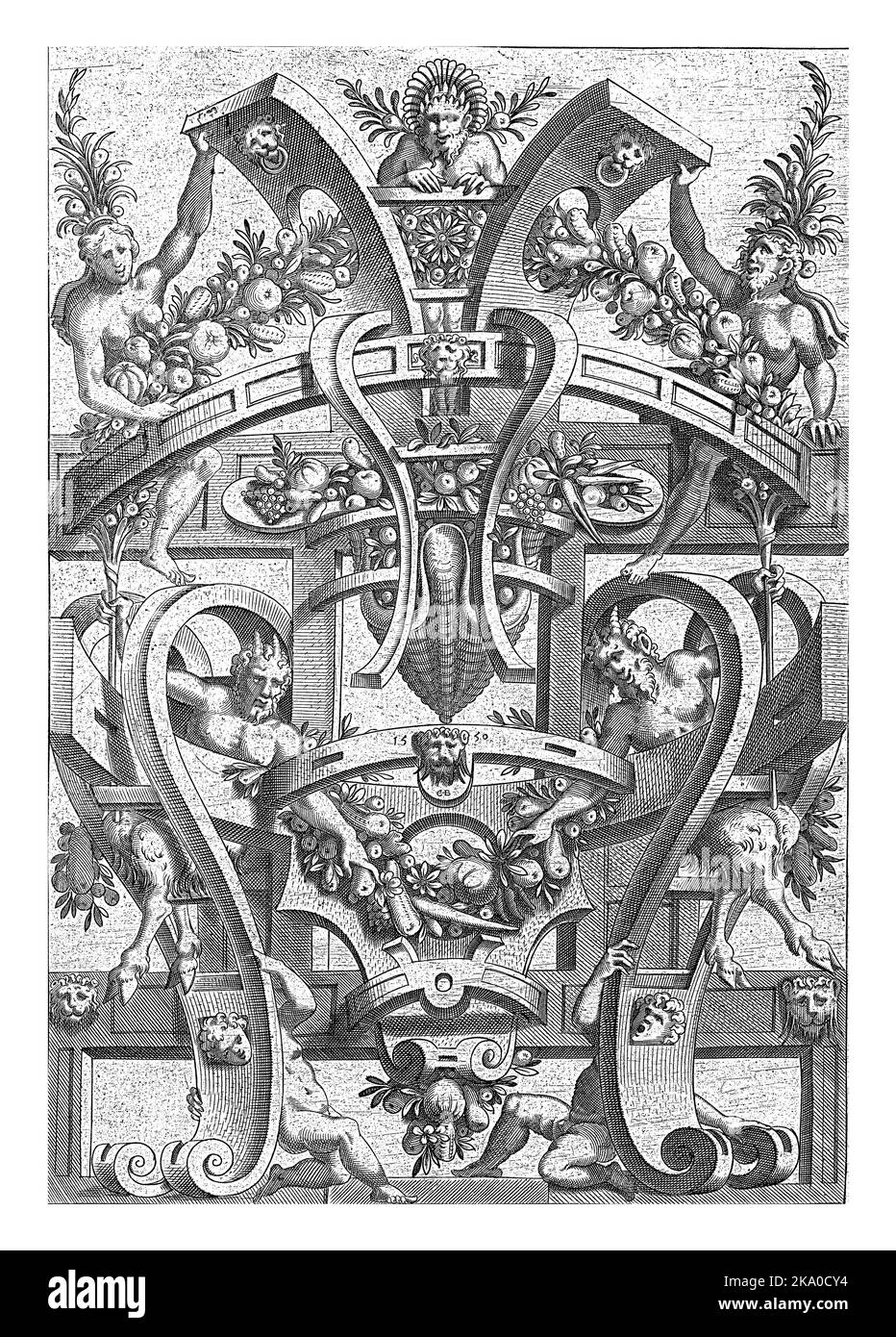 Schriftrolle mit einer oben und unten hängenden Fruchtgirlande, anonym, nach Cornelis Bos, 1550 am linken Ende der oberen Girlande befindet sich eine Frau, an der r Stockfoto