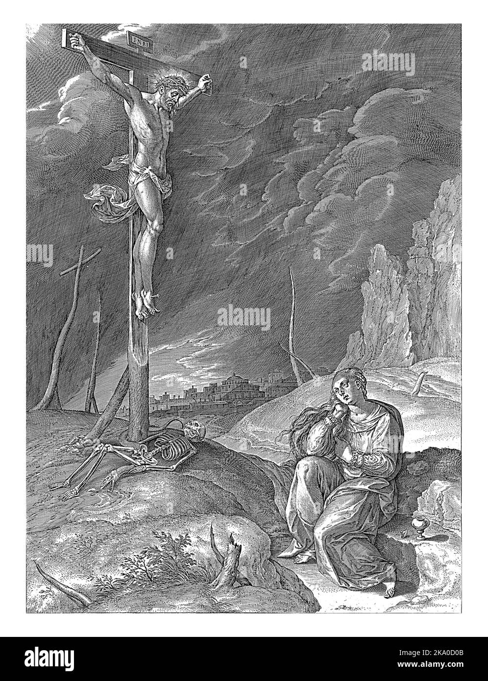 Christus triumphiert am Kreuz, Hieronymus Wierix, nach Gillis Mostaert, 1563 - vor 1573 Christus triumphiert über den Tod. Christus hängt am Kreuz, Stockfoto