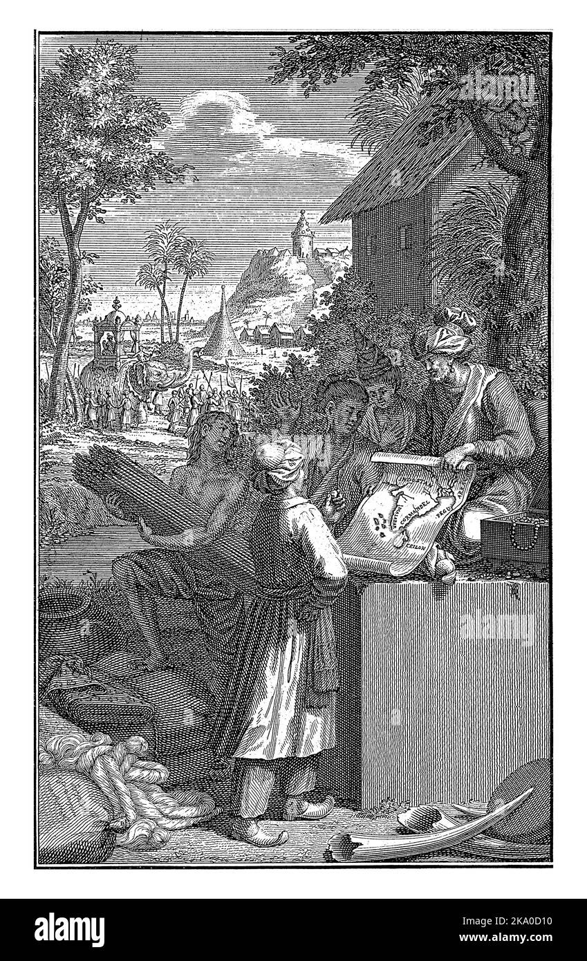 Landschaft mit einer Gruppe von Indianern im Vordergrund, die auf eine Karte von Indien blicken. Im Hintergrund ein König, der auf einem Elefanten reitet. In einer Schachtel der Titel in Dutc Stockfoto