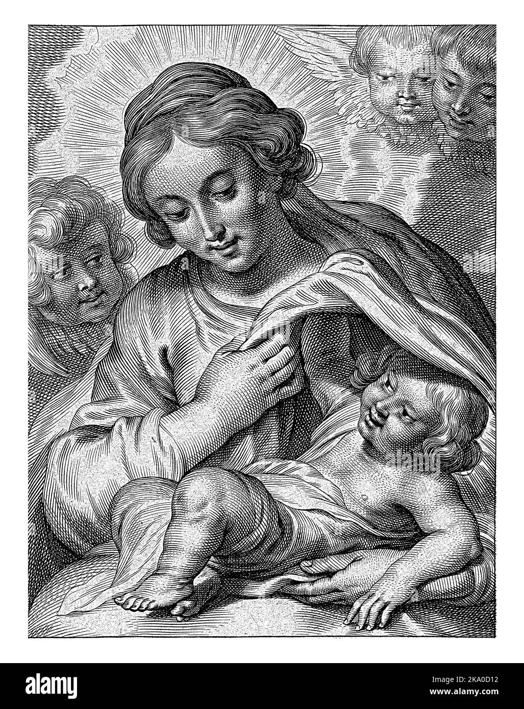 Maria mit Kind und Cherubim. Unterhalb der Aufführung ist der lateinische Aufruf zur Fürbitte S Maria, ora pro nobis. Stockfoto