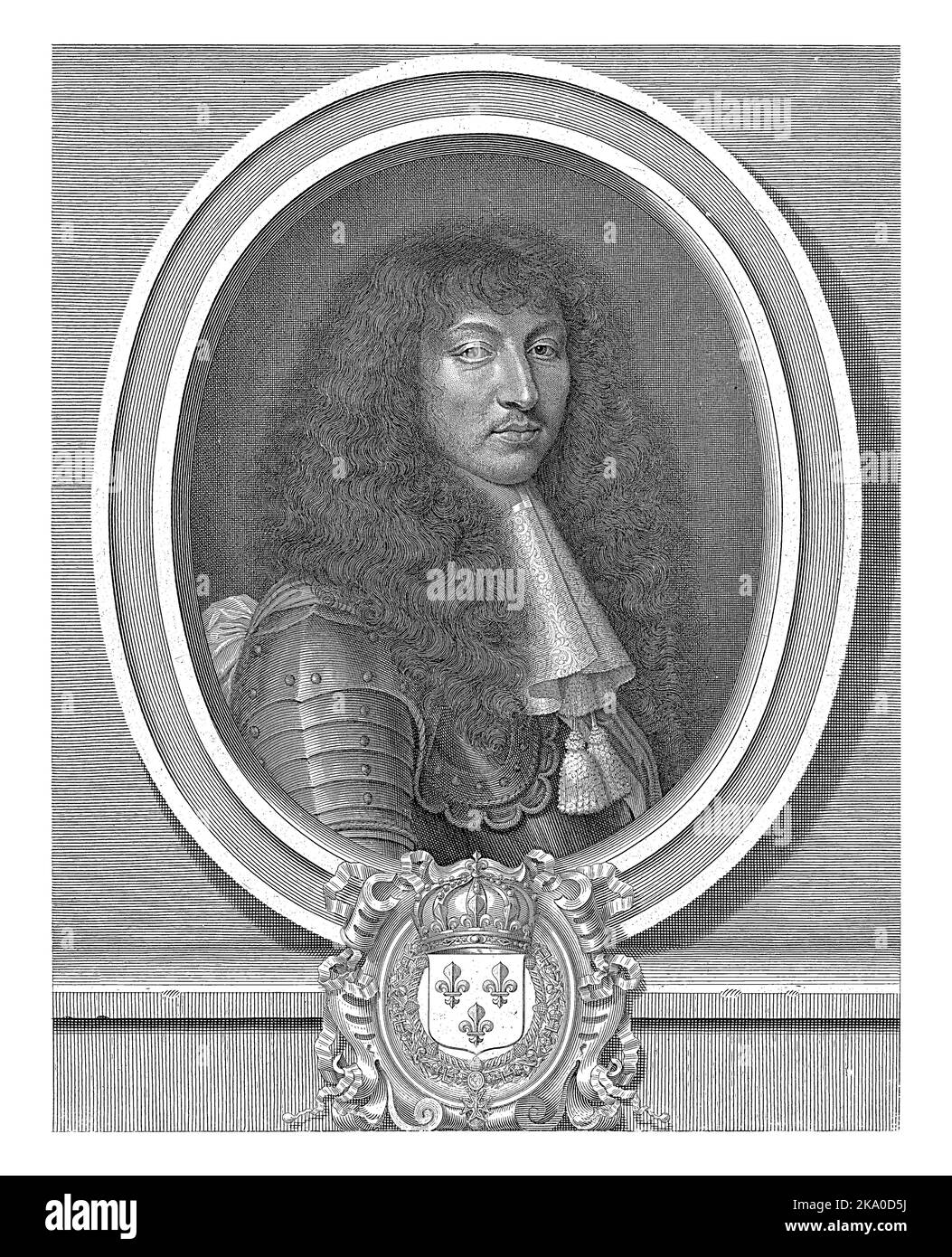 Porträt von Ludwig XIV., König von Frankreich, mit Spitzenkragen mit zwei Quasten, Pieter van Schuppen, nach Nicolas Mignard, 1661 Stockfoto