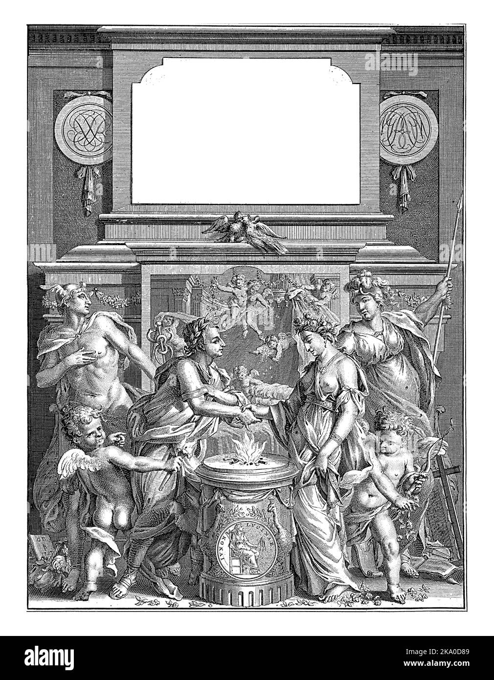 Jakob Brandt und Maria Beudyker, beide in klassischer römischer Kleidung, halten die Hände über einen Altar mit einem heiligen Feuer. So heiraten sie. Stockfoto