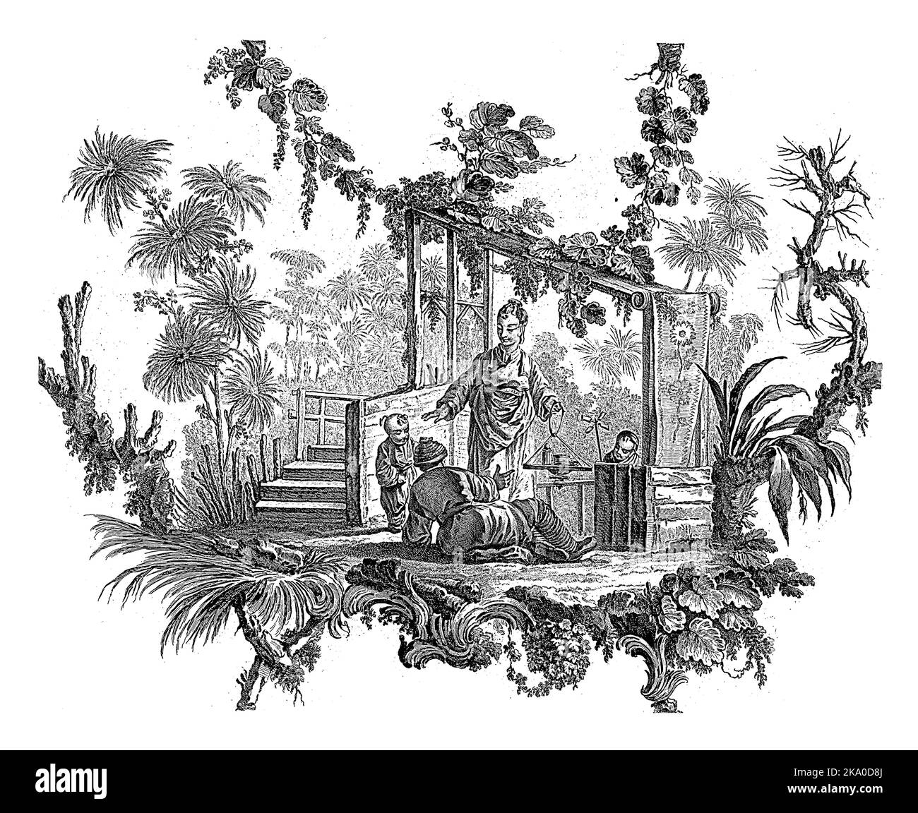 Chinesische Häuser und Figuren. Suite mit sechs Drucken. I. Pilling Inv. FA. aveline sc. London von I. Pillement, A Paris chez Basan, Francois-Antoine Aveline, Stockfoto