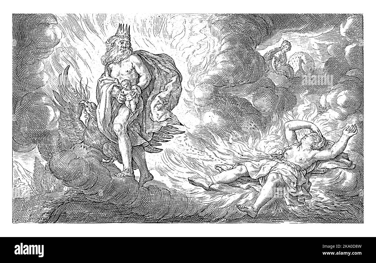 Jupiter mit Krone auf dem Kopf und neben ihm sein Attribut, der Adler, läuft vor Bacchus' Mutter Semele, die von Jupiters Blitz verzehrt wird. Stockfoto