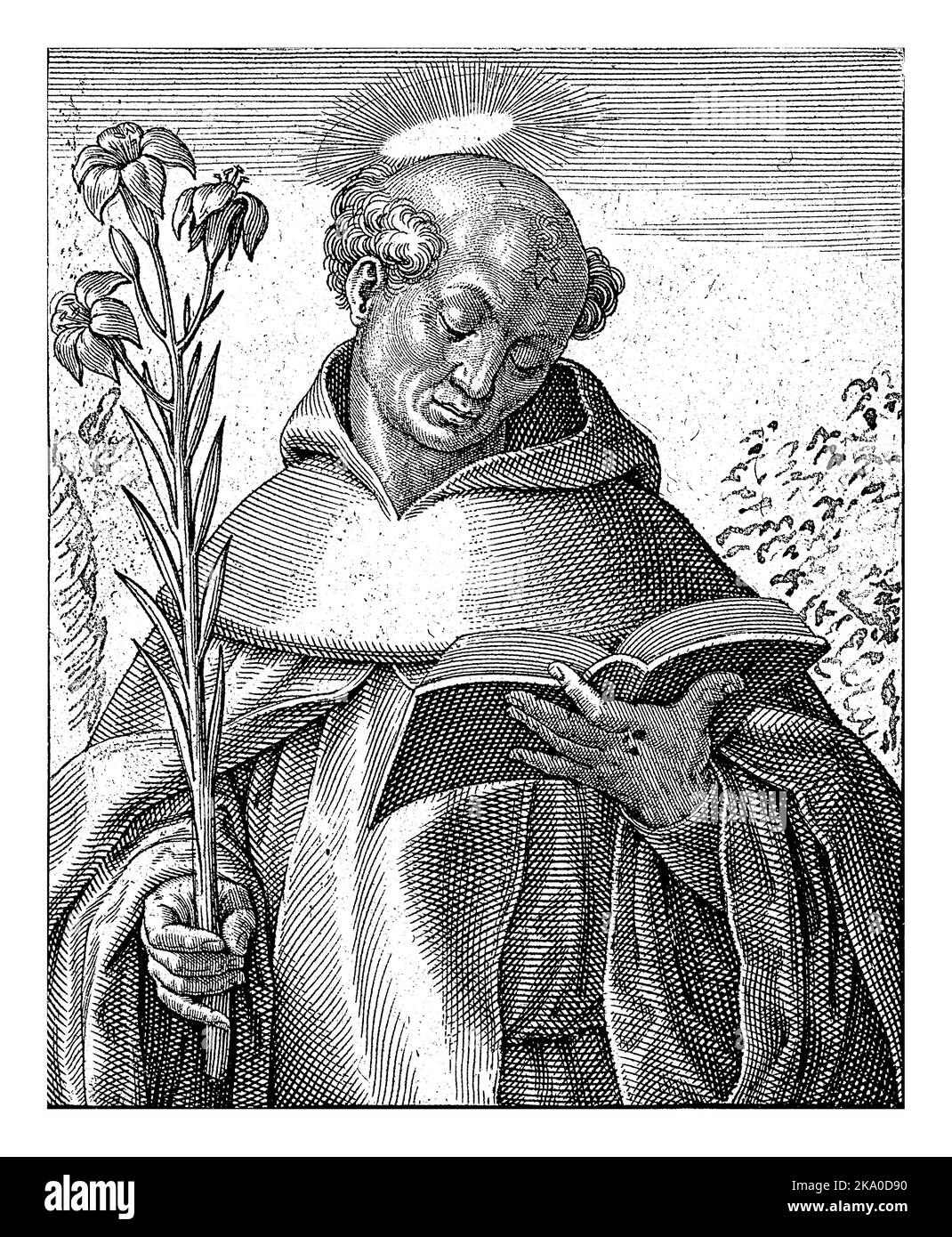 H. Dominicus, Antonie Wierix (II), 1565 - 1604 der heilige Dominikus hält eine Lilie in der einen Hand, ein offenes Buch in der anderen. Auf seiner Stirn ein Stern (ein Symbol Stockfoto