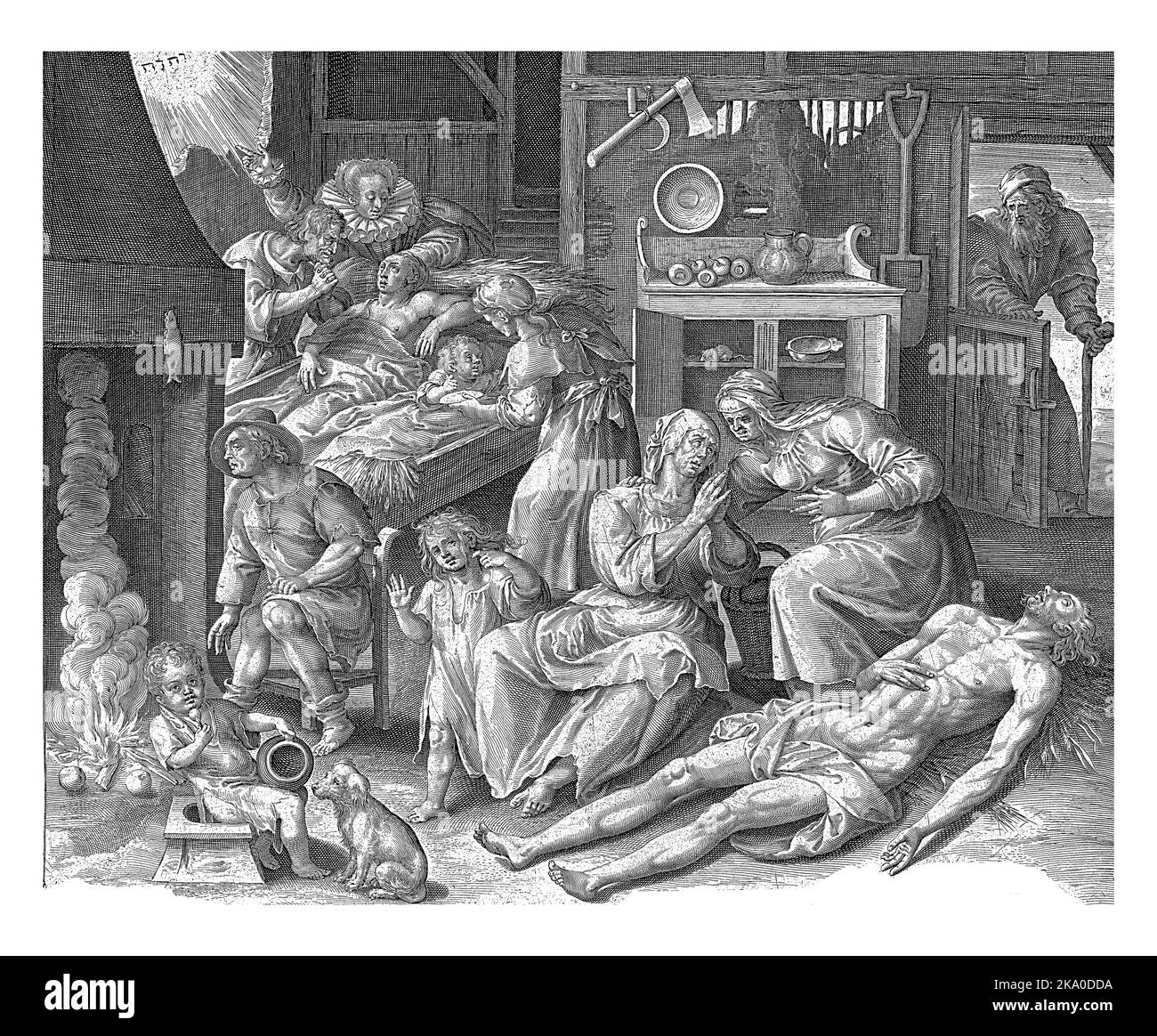 Ein Haus der Trauer, Nicolaes de Bruyn, nach Maerten de Vos, 1581 - 1656 Darstellung eines der Weisheiten nach dem Buch Ecclesiastes (no Stockfoto