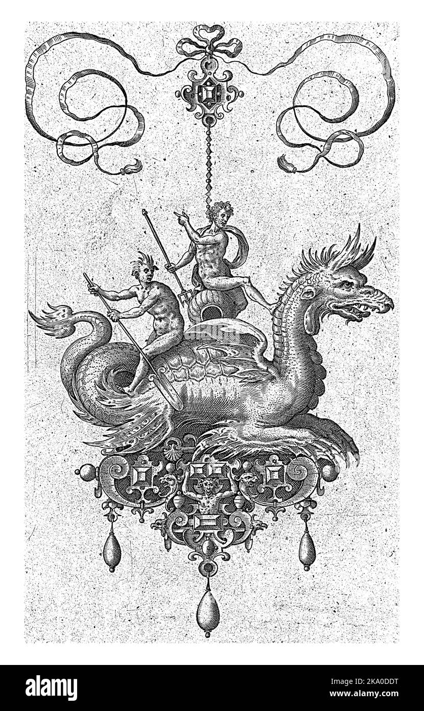 Auf dem Rücken des Seedrachens sind ein Mann mit einem Dreizack und ein Mann mit einem Ruder. Eines von 7 teilweise nummerierten Blättern aus einer Serie von 10 Blättern mit Anhängern Stockfoto