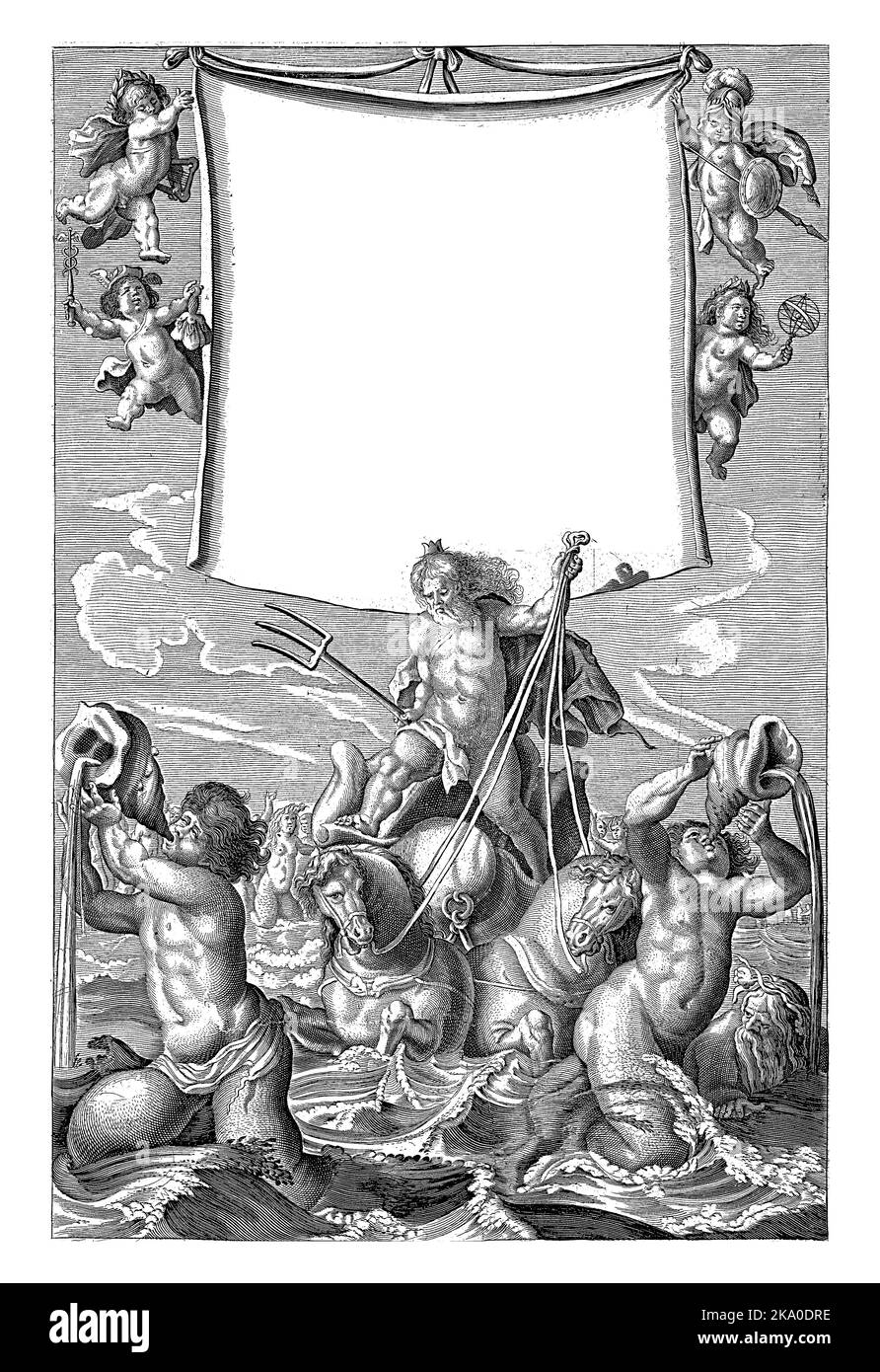 Neptun steht auf einer von Pferden gezeichneten Muschel inmitten von Meeresgeschöpfen, über ihm vier Putti, die ein Tuch mit Titel halten. Stockfoto