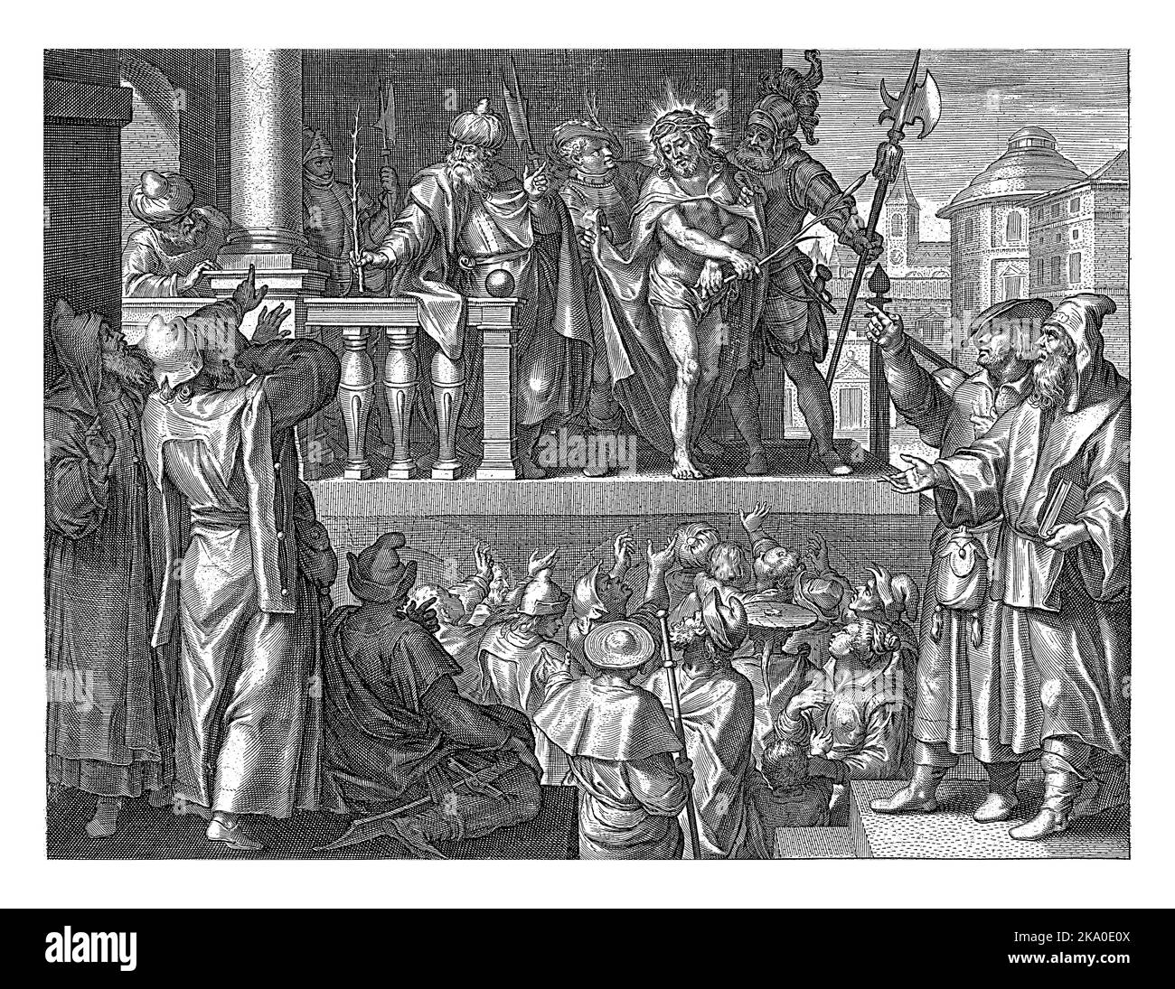 Pontius Pilatus zeigt dem jüdischen Volk den geißelten Christus Stockfoto