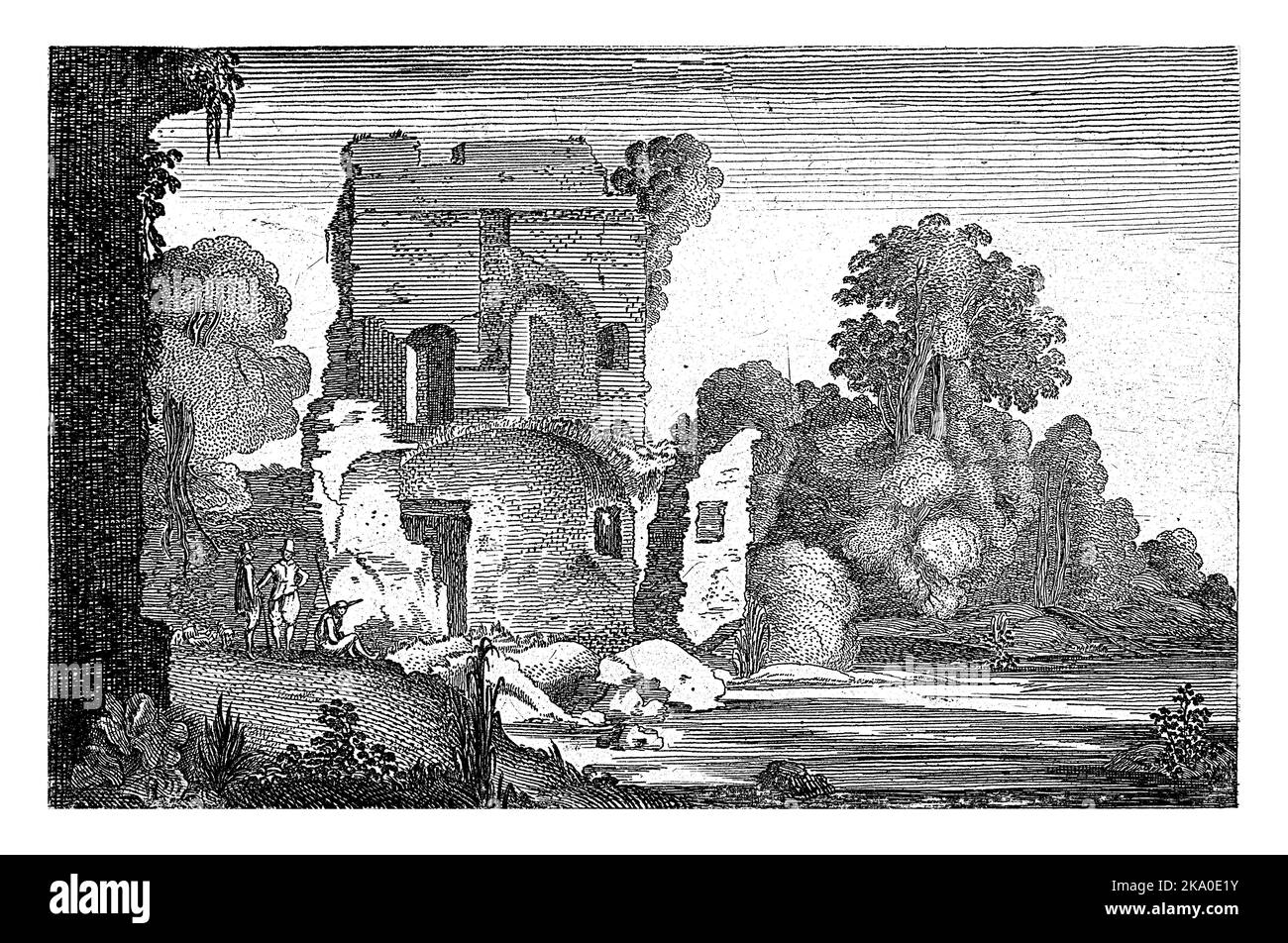 Landschaft mit der Ruine eines Turms, Bäumen und einem Fluss. Links zwei stehende männliche Figuren, ein dritter sitzt auf dem Boden. Stockfoto Landschaft mit der Ruine eines Turms, Bäumen und einem Fluss. Links zwei stehende männliche Figuren, ein dritter sitzt auf dem Boden. Stockfoto